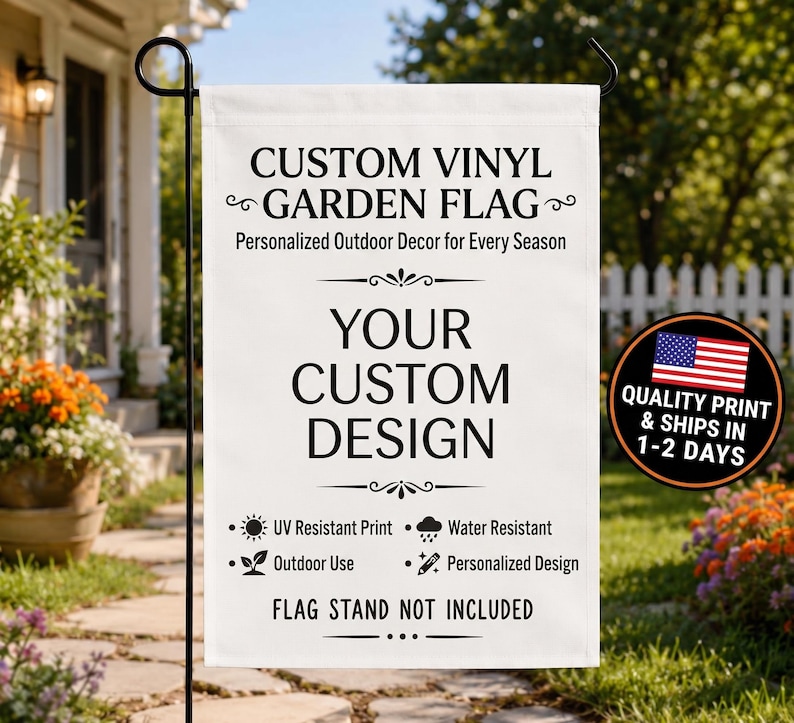 a white banner with black text advertising custom vinyl garden flags.