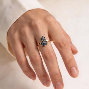 May include: A gold-toned ring featuring a double-lobed, gourd-shaped setting. The center of the setting is filled with a mosaic of dark blue, black, and gold-colored flecks, encased within a smooth, polished gold-colored metal frame.
