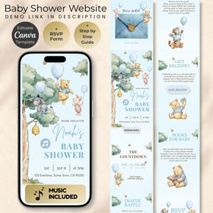 May include: An editable digital baby shower website template featuring watercolor illustrations of a bear, a piglet, and a donkey with blue balloons. The mobile interface displays event details for Noah's baby shower, including date, time, location, music, and registry sections.