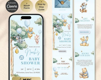 May include: An editable digital baby shower website template featuring watercolor illustrations of a bear, a piglet, and a donkey with blue balloons. The mobile interface displays event details for Noah's baby shower, including date, time, location, music, and registry sections.