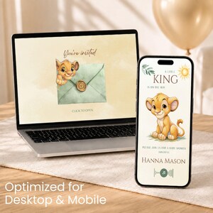 May include: A laptop and a smartphone displaying a digital baby shower invitation featuring a cartoon lion cub. The laptop screen shows a green envelope with a wax seal and the text You're invited. The phone screen displays A little king is on the way, the lion cub, and the name Hanna Mason.