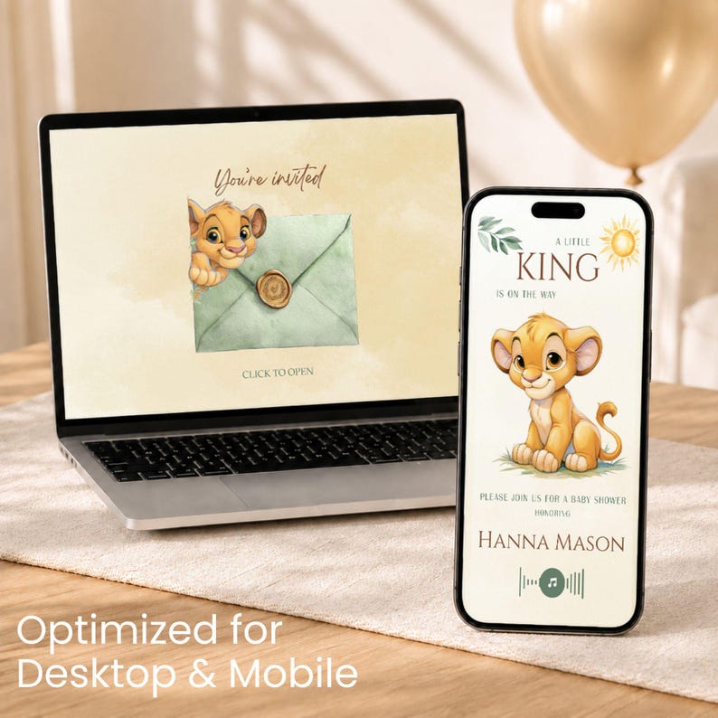 May include: A laptop and a smartphone displaying a digital baby shower invitation featuring a cartoon lion cub. The laptop screen shows a green envelope with a wax seal and the text You're invited. The phone screen displays A little king is on the way, the lion cub, and the name Hanna Mason.