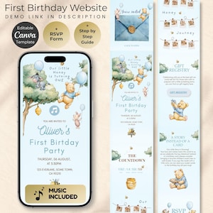 May include: A digital first birthday website template for mobile featuring Winnie the Pooh characters, light blue background, and watercolor illustrations. Text includes First Birthday Website, Oliver's First Birthday Party, RSVP, Gift Registry, and Music Included.