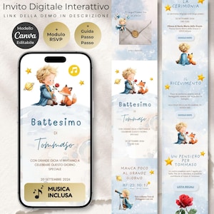 May include: An interactive digital invitation template for a baptism featuring a watercolor illustration of a young boy with blonde hair and a fox. The design includes gold stars, planets, and text in Italian, with buttons for music, RSVP, and Google Maps.