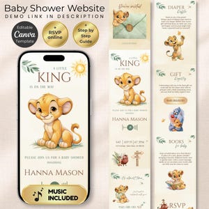 May include: A digital baby shower website template featuring a lion cub theme with the text A Little King Is On The Way, honoring Hanna Mason. The design includes gold accents, a music player, and sections for a diaper raffle, gift registry, and books.