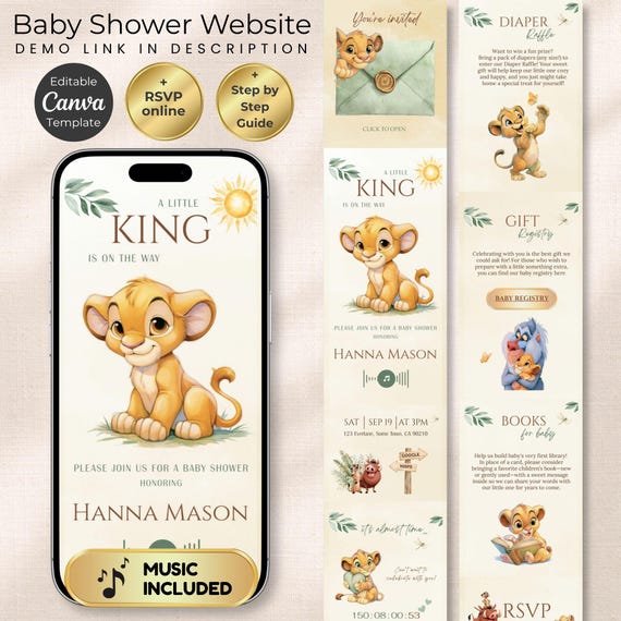 Lion King Baby Shower Invitation Website with RSVP | Editable Canva Template | Safari Baby Shower | Interactive Digital Invite
