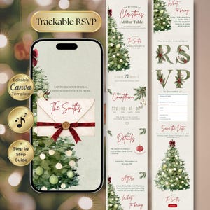 Könnte beinhalten: Eine digitale Weihnachtseinladungsvorlage auf einem Smartphone-Bildschirm und zwei vertikalen Tafeln. Das Design zeigt Aquarell-Weihnachtsbäume, einen cremefarbenen Umschlag mit rotem Band und Text, darunter The Smiths, RSVP und Details.