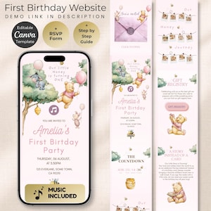 Invitación de primer cumpleaños de Winnie Pooh (sitio web) / Plantilla editable de Canva / Primer cumpleaños de niña / Invitación digital para cualquier edad / Confirmación de asistencia en línea