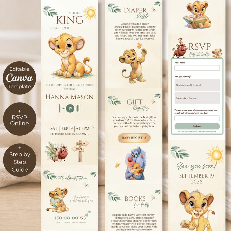 May include: A digital baby shower invitation template featuring a lion cub theme with illustrations of a lion, a warthog, and a meerkat. The design includes sections for event details, a diaper raffle, gift registry, and an RSVP form with text.