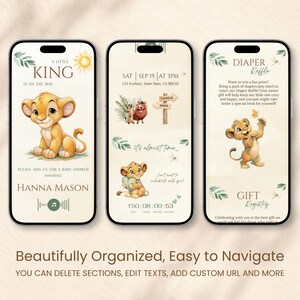 May include: Three smartphone screens displaying a digital baby shower invitation template with a lion cub theme. The design features illustrations of a lion cub, a meerkat, and a warthog, with text including A Little King, Diaper Raffle, and Gift Registry.