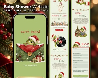 May include: A digital baby shower website template displayed on a smartphone screen, featuring a green background with a Grinch character, a red envelope, and festive holiday graphics. The layout includes sections for RSVP, books for baby, and a diaper raffle.