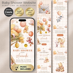 Puede incluir: Una plantilla de invitación digital para baby shower con personajes de Winnie the Pooh, globos y panales sobre un fondo de cuadros claro. El diseño incluye secciones para RSVP, rifa de pañales, lista de regalos y un temporizador de cuenta regresiva.