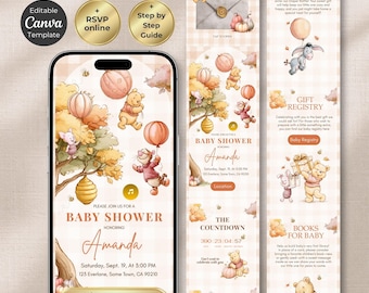 May include: A digital baby shower invitation template featuring Winnie the Pooh characters, balloons, and honeycombs on a light plaid background. The design includes sections for RSVP, diaper raffle, gift registry, and a countdown timer.