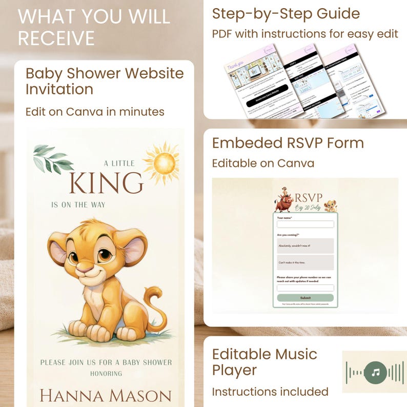 May include: A digital baby shower website invitation template featuring a cartoon lion cub, the text A LITTLE KING IS ON THE WAY, and HONORS HANNA MASON. Includes a step-by-step PDF guide, an editable embedded RSVP form, and an editable music player.