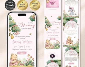 Winnie Pooh Baby Shower Website Invitation with Trackable RSVP link | Pink Baby Girl Digital Invite | Editable Canva Template
