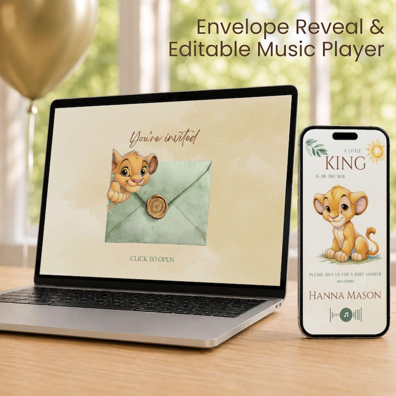 May include: A laptop and smartphone displaying a digital baby shower invitation featuring a lion cub illustration. The laptop screen shows an envelope with the text You're invited and CLICK TO OPEN. The phone shows A LITTLE KING IS ON THE WAY.