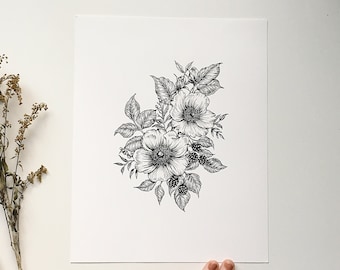 Wild Roses + Oregon Blackberry Botanical Hand Drawn Illustration