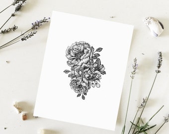 Peonies Botanical Floral Pen & Ink Hand Drawn Illustration