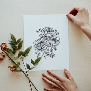 Peonies + Roses Botanical Floral Hand Drawn Pen and Ink Illustration