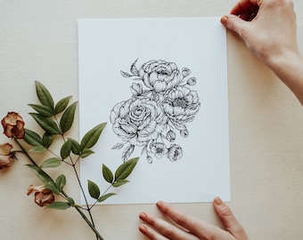 Peonies + Roses Botanical Floral Hand Drawn Pen and Ink Illustration