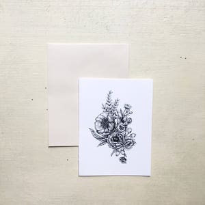 May include: A black and white line drawing of a bouquet of flowers. The flowers are arranged in a loose, flowing style, with some of the stems overlapping. The drawing is done in a realistic style, with attention to detail in the petals, leaves, and stems.