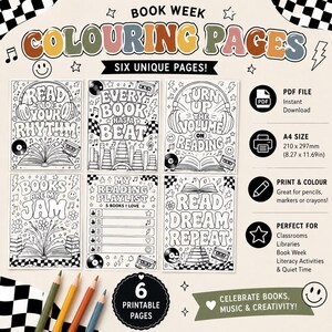 May include: A set of six printable coloring pages for Book Week featuring music-themed illustrations with books, headphones, and cassettes. The pages include text like Read To Your Rhythm, Every Book Has A Beat, and Read Dream Repeat, in A4 size 8.27 x 11.69 inches.
