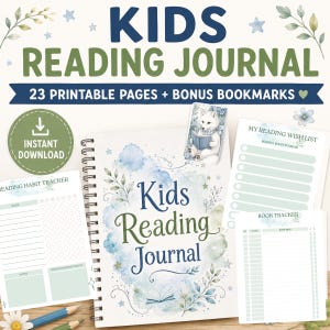 May include: A spiral-bound kids reading journal with a watercolour cover featuring blue clouds, stars, and leaves. The set includes printable pages for a reading habit tracker, a reading wish list, a book tracker, and a bookmark with a white fox.