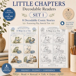 May include: Little Chapters Decodable Readers Set 1 featuring 8 decodable comic stories with Pip, Sam, and Tim. Includes full color and low ink PDFs, 16 pages per PDF, science of reading aligned, and phonics-based content for reading practice.