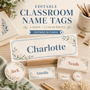 Può includere: Etichette nominative modificabili per l'aula con illustrazioni di foglie botaniche in blu e marrone. Il set include varie etichette rettangolari e circolari con nomi come Charlotte, Noah, Jack, Amelia, Oliver e Zoe in caratteri serif.