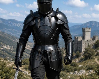 May include: A full suit of matte black plate armour featuring a closed helmet, articulated shoulder pauldrons, gauntlets, and a breastplate with leather straps. The armour is worn over black trousers and boots, and a long steel sword is held in one hand.