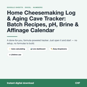 Op de afbeelding: Een digitaal logboek voor het maken van kaas en een rijpingskelder-tracker voor Google Sheets, Excel en Numbers. Het bevat batchrecepten, pH, pekel en een rijpingskalender met automatische berekeningen, een live dashboard en keuzemenu's.