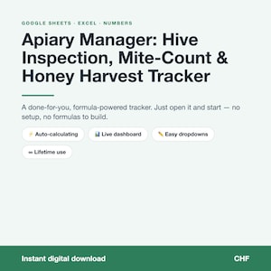 Beekeeping Log Spreadsheet, Hive Inspection & Varroa Mite Tracker, Honey Harvest Record, Apiary Manager for Google Sheets + Excel