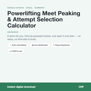 Puede incluir: Una calculadora digital de preparación y selección de intentos para competiciones de powerlifting para Google Sheets, Excel y Numbers. Incluye cálculo automático, panel de control en vivo, menús desplegables y uso de por vida.