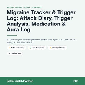 May include: A digital Migraine Tracker & Trigger Log for Google Sheets, Excel, and Numbers. The document includes an attack diary, trigger analysis, medication and aura log, auto-calculating features, a live dashboard, easy dropdowns, and lifetime use.