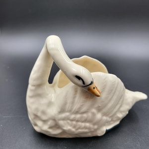 Vintage Ceramic Swan Planter | Mid Century Hand Painted White Swan Trinket Dish Figurine | Made in Japan Miniature Bird Planter