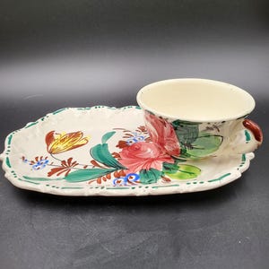 Vintage Italian Ceramic Snack Set, Hand Painted Red Rose Cup Tray, Signed NJP Pottery