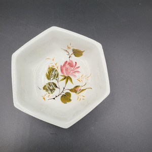 Vintage J.W. Co. Italy Hexagonal Ceramic Dish, Hand Painted Rose Mid Century Trinket Bowl, John Wanamaker Import, Numbered 84/103/3