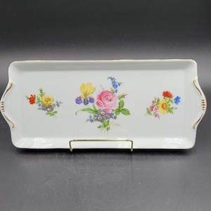 Bandeja rectangular para pasteles de porcelana Royal Danube vintage con diseño floral y borde dorado. Plato para sándwiches con borde dorado.
