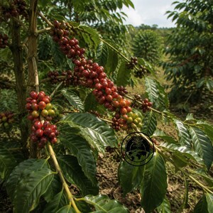 May include: A coffee plant branch laden with clusters of ripe, deep red coffee cherries and some unripe green ones, interspersed with glossy, dark green, oval-shaped leaves. A circular black logo featuring a plant sprout is visible.