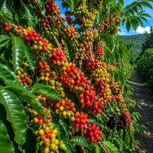 Könnte beinhalten: Eine Kaffeepflanze mit Trauben reifender Kaffeekirschen, die sich von Grün über Gelb zu leuchtendem Rot verfärben. Die Zweige sind schwer mit Früchten behangen, umgeben von dunkelgrünen Blättern, mit einem Feldweg im Hintergrund.