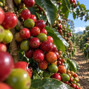 Può includere: Un ramo di pianta di caffè densamente ricoperto di grappoli di ciliegie di caffè in varie fasi di maturazione, che vanno dal verde brillante al rosso intenso, attaccato a un fusto legnoso tra foglie verde scuro sotto un cielo soleggiato.