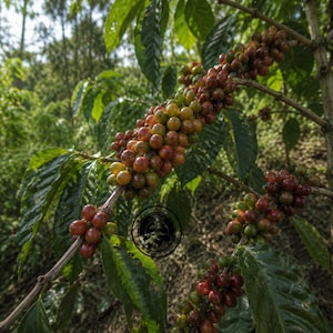 May include: A coffee plant branch featuring clusters of ripening coffee cherries in various shades of green, yellow, and deep red. The plant has long, pointed, dark green leaves with visible veins, and a small circular logo is visible on the stem.