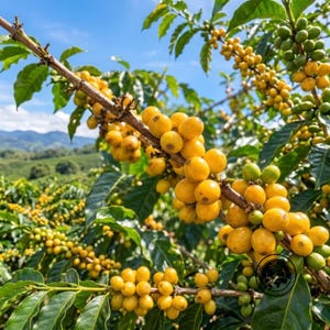 May include: A coffee plant branch laden with clusters of bright yellow coffee cherries and some green, unripe cherries. The woody stems are covered in glossy, dark green leaves, with a blurred landscape of rolling hills under a blue sky.
