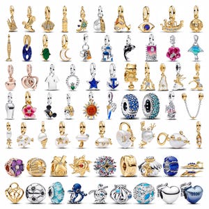 Può includere: Una collezione di ciondoli e perline assortiti in metallo e smalto con varie forme, tra cui animali, fiori, attrezzature sportive, edifici e simboli celesti, progettati per braccialetti con piccoli anelli.