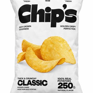May include: A white bag of Chip's potato chips featuring the text Fried Fresh, Est. 1938, Finest Fresh, Rich Crown Goodness, Golden Crispy Perfection, Thick & Crunchy Classic, 100% Real Potatoes, 250g, and Made From Real Potatoes with golden chips.