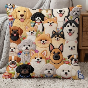 May include: A square throw pillow featuring a dense, colorful illustration of various dog breeds including a golden retriever, husky, corgi, and poodle, all depicted with textured, cartoon-like features against a light background.