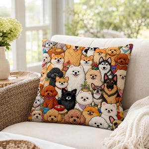 May include: A square throw pillow featuring a dense, colorful illustration of various dog breeds including poodles, huskies, and pomeranians. The dogs are depicted with expressive faces and soft textures, arranged in a crowded, overlapping pattern.