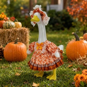 Porch Goose Outfit, Lawn Goose Dress, 23 Inch Goose Clothes with Pumpkin Maple Leaf Print and Lace, Fall Halloween Front Porch Yard Decor