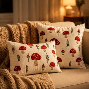 3D Embroidered Mushroom Pillow Cover, Autumn Maple Leaf Throw Cushion Case, Cottagecore Fall Decor, Vintage Faux Linen Lumbar Square