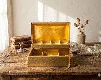 Vintage Gold Faux Leather Jewelry Box – Mid Century Hollywood Regency Train Case